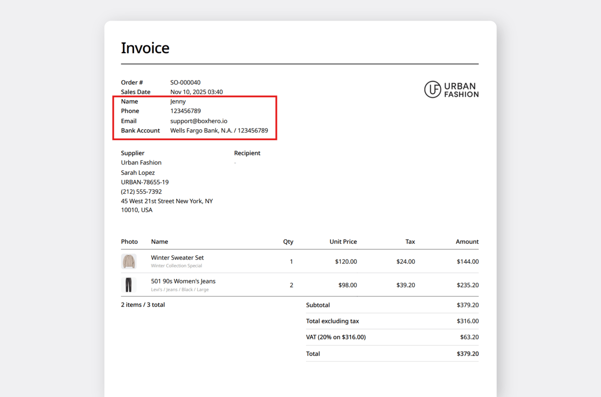 Example of an Invoice with Custom Fields applied