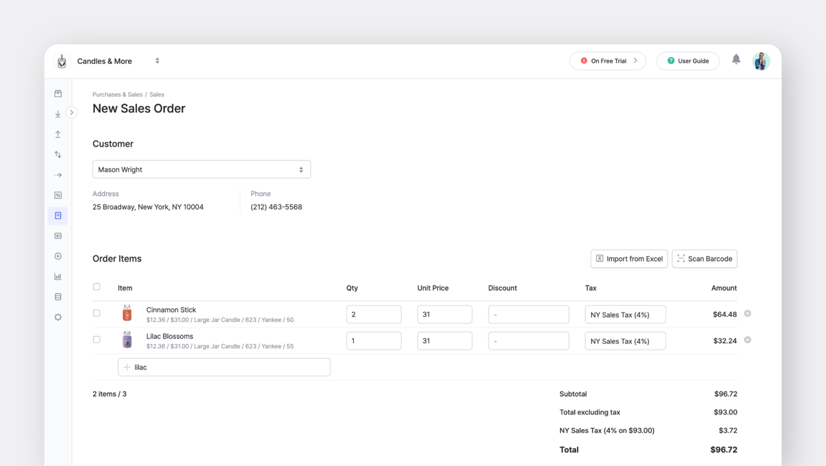 New Sales Order on BoxHero's Desktop (Web) screen with Customer and Order Items