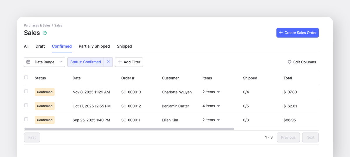 Sales Order List in BoxHero filtered by "Confirmed" Status