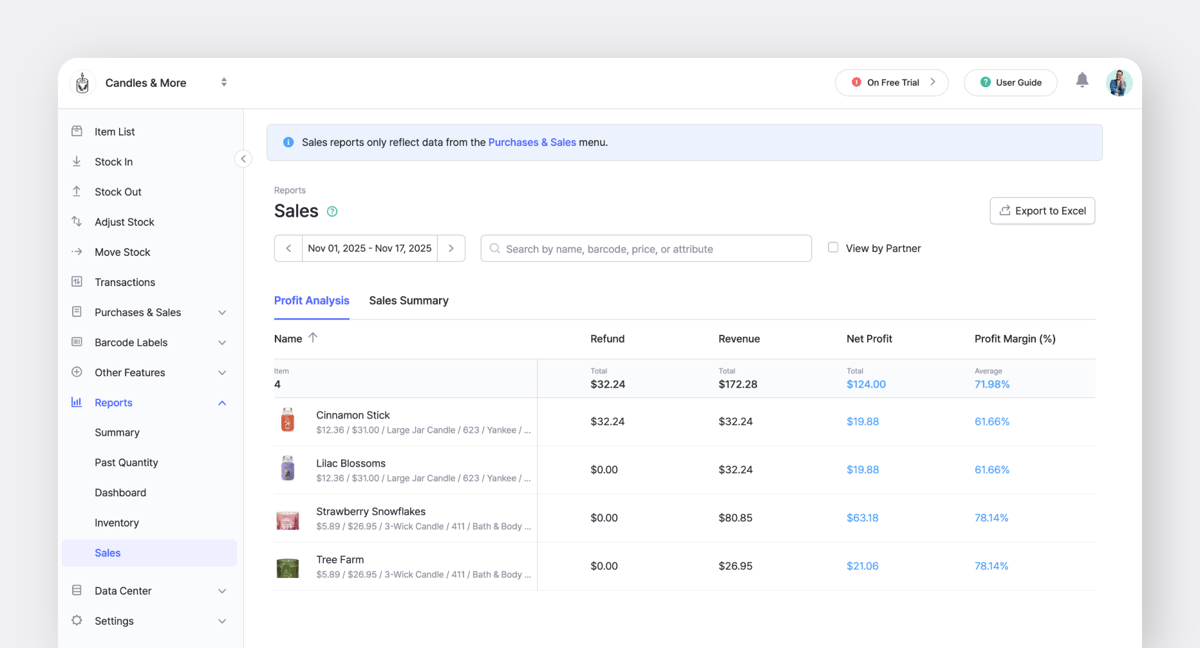 BoxHero's Sales Report Feature on the Web with Profit Analysis & Sales Summary Tabs