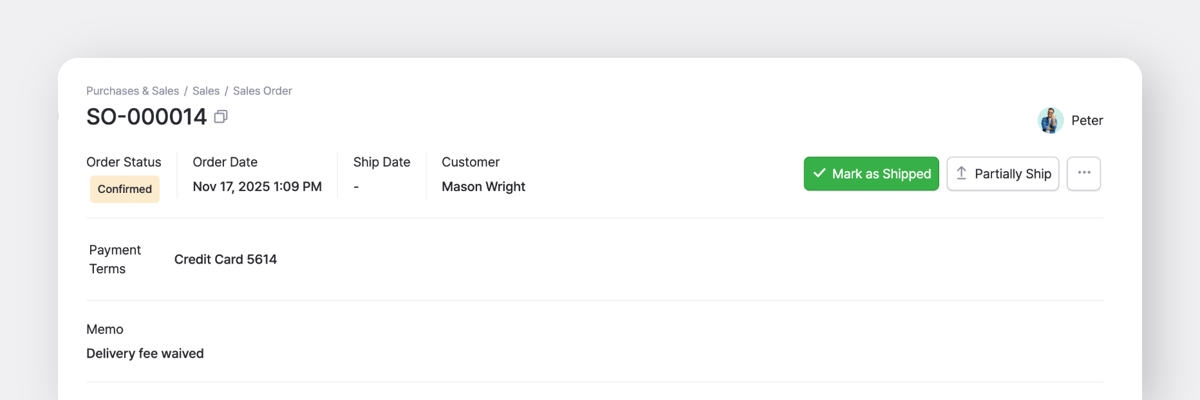 BoxHero Desktop - Confirmed Sales Order with options to "Mark as Shipped" or "Partially Ship"