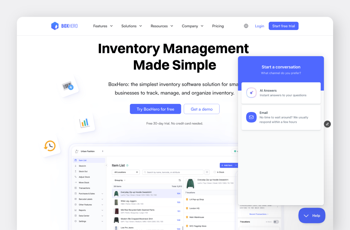 BoxHero Website Screenshot with Help Beacon for AI Answers Chatbot