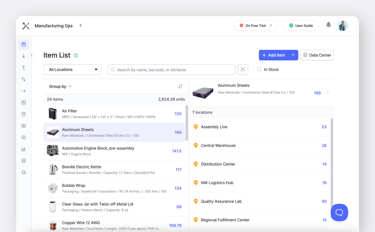 BoxHero Item List of Manufacturing Team - Item Details on Aluminum Sheet