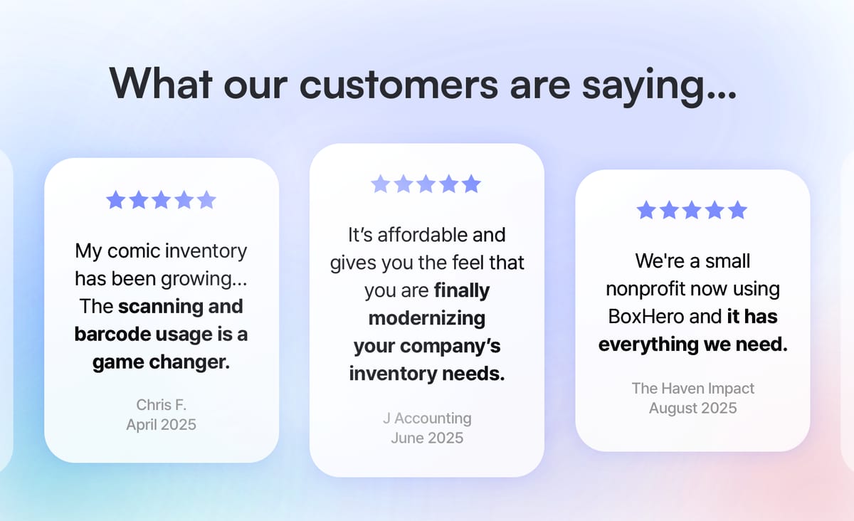 Three customer review cards displaying five-star ratings and short quotes about using BoxHero