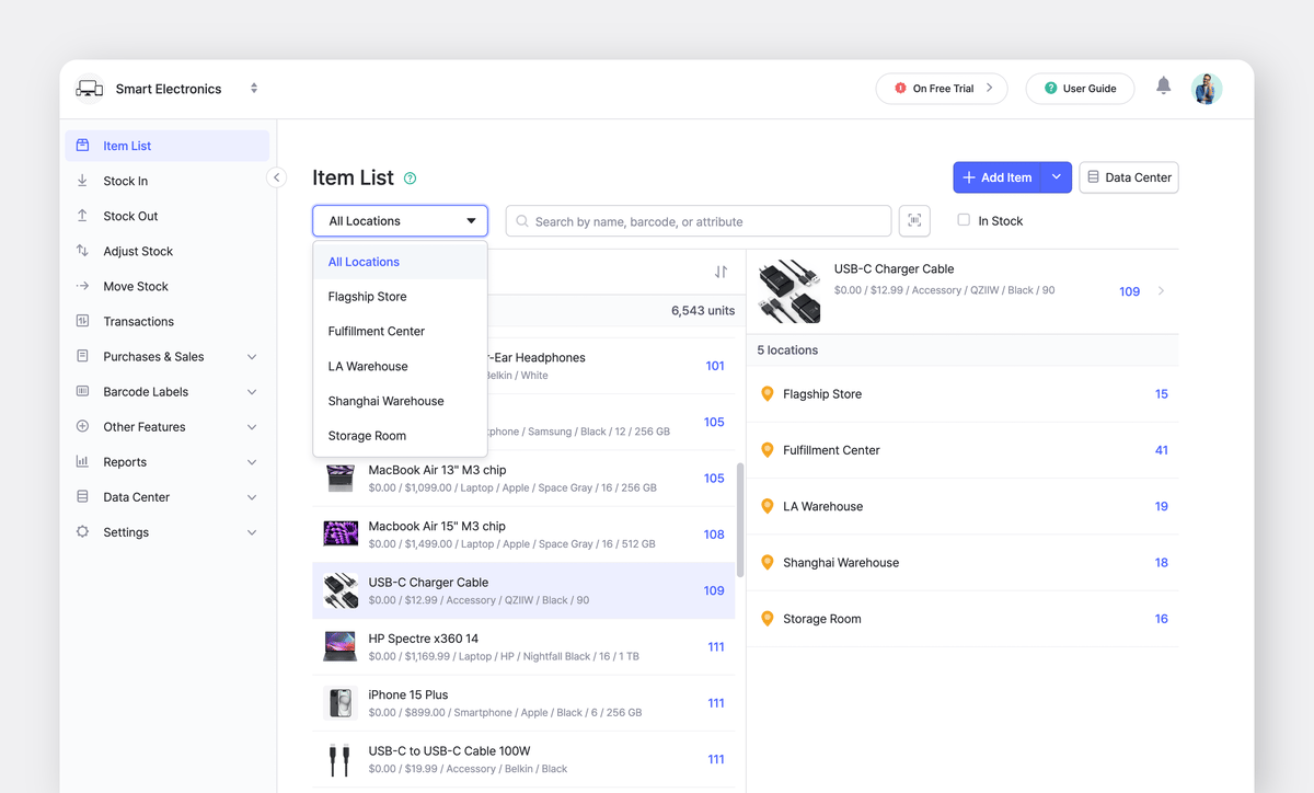 BoxHero Web UI: Item List with items distributed across locations
