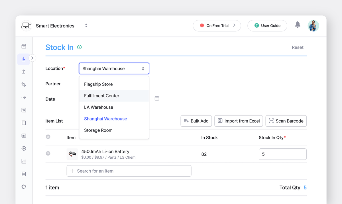 BoxHero Web UI: Stock In Transaction with Shanghai Warehouse Location selected