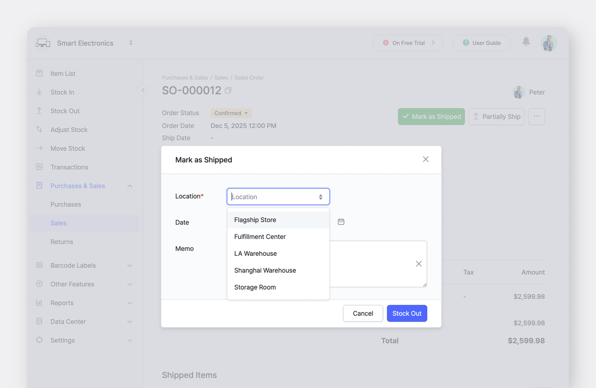 BoxHero Web UI: Mark as Shipped pop-up window with "Location" field selection in a sales order
