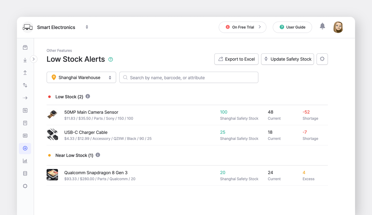 BoxHero Web UI: Low Stock Alerts Feature with Safety Stock Qty by Location