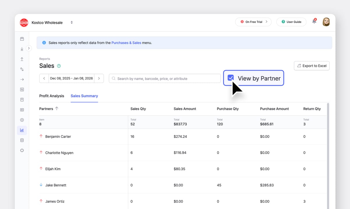 BoxHero Desktop App UI: Sales Reports > Sales Summary > View by Partner Checkbox