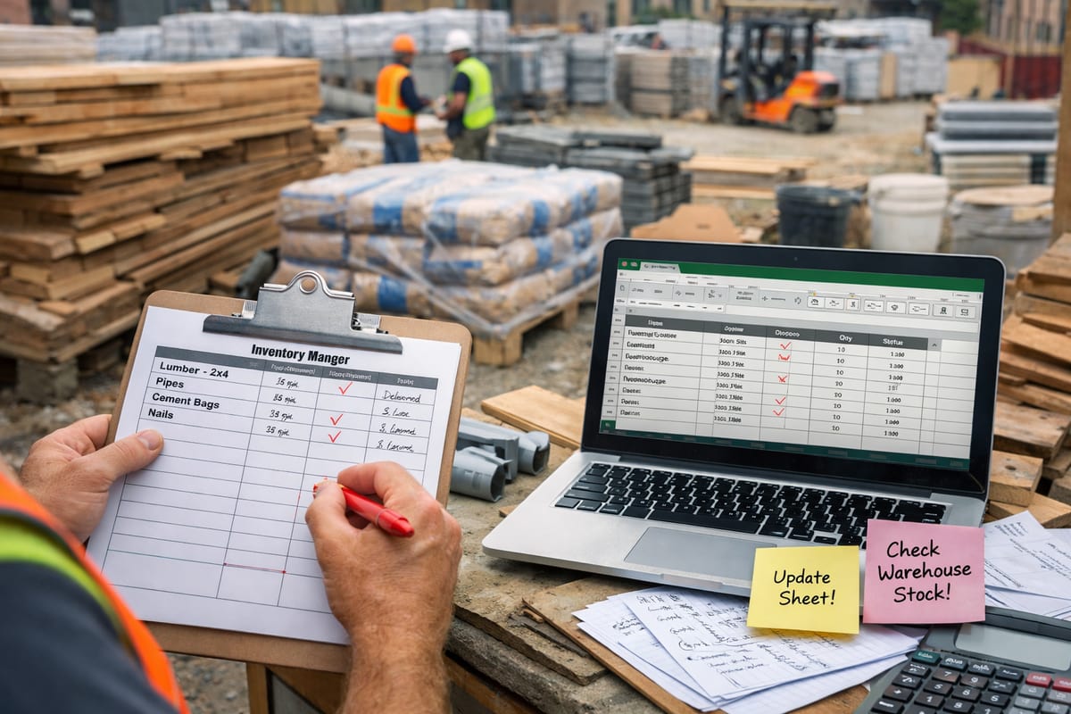 Construction manager's inventory check at site with Excel spreadsheets