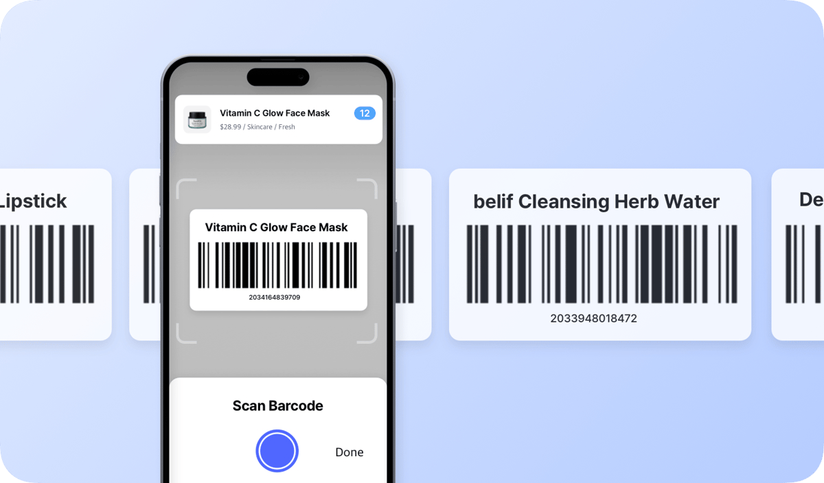 BoxHero Mobile UI Screen: Scan Barcode with Phone