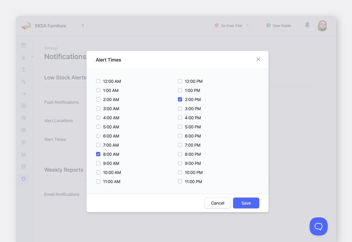 BoxHero Web UI: Notifications > Low Stock Alerts > Alert Times