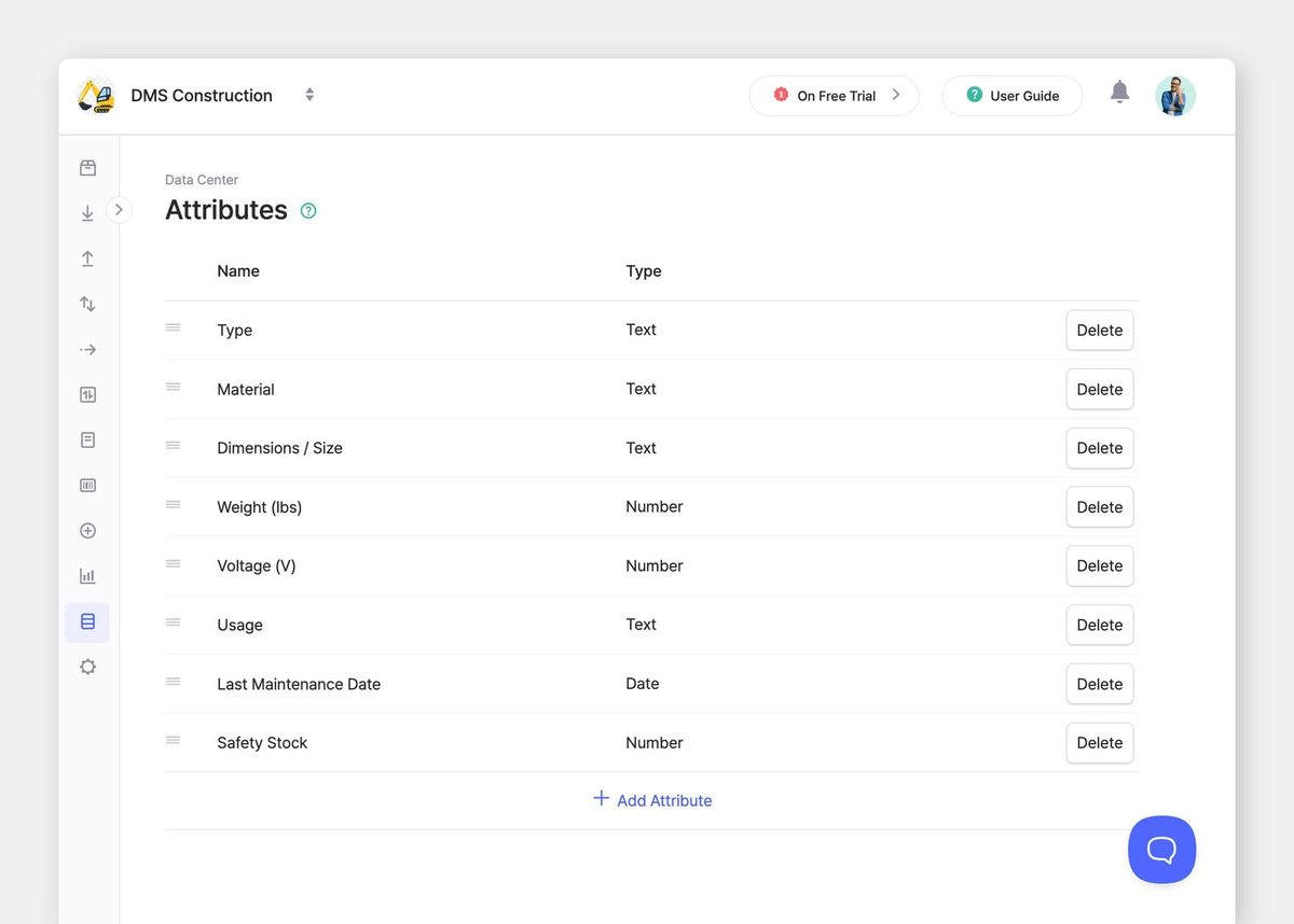 BoxHero Desktop App (Web) UI Screenshot: Data Center > Attributes