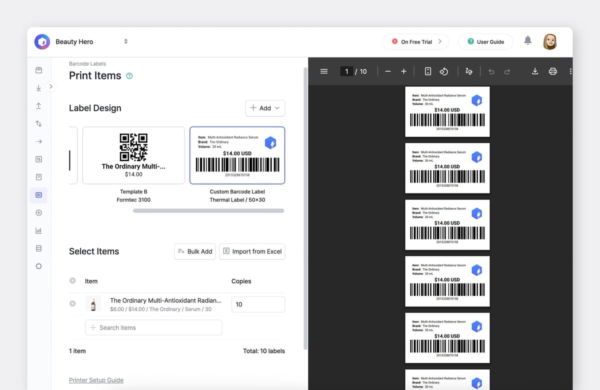BoxHero Web UI Screenshot: Barcode Labels > Print Items using custom label design