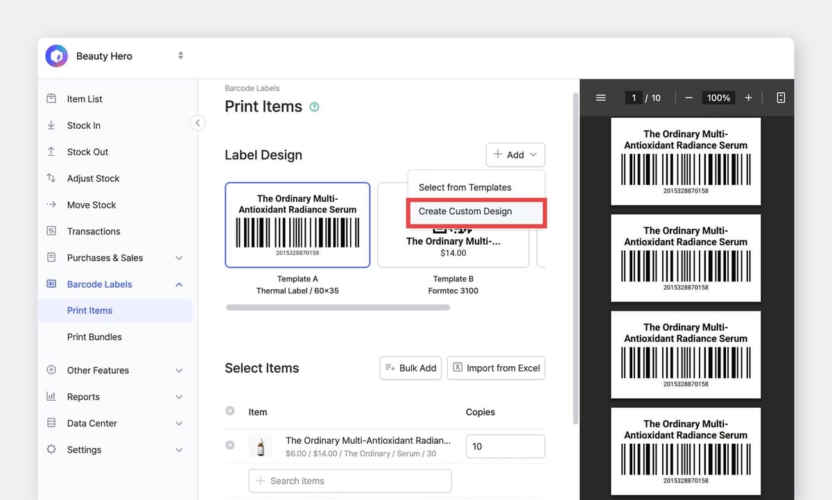 BoxHero Web UI Screenshot: Barcode Labels > Print Items > Add > Create Custom Design