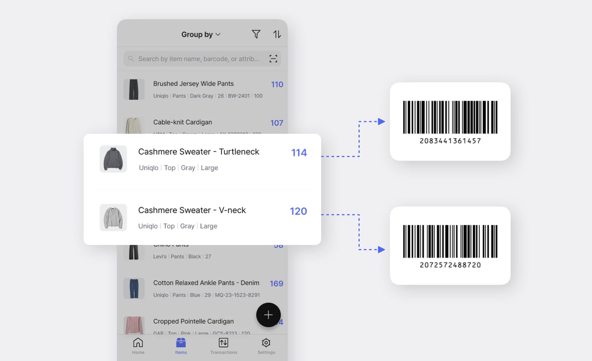 BoxHero Mobile App UI: Cashmere Sweaters with Different Barcodes