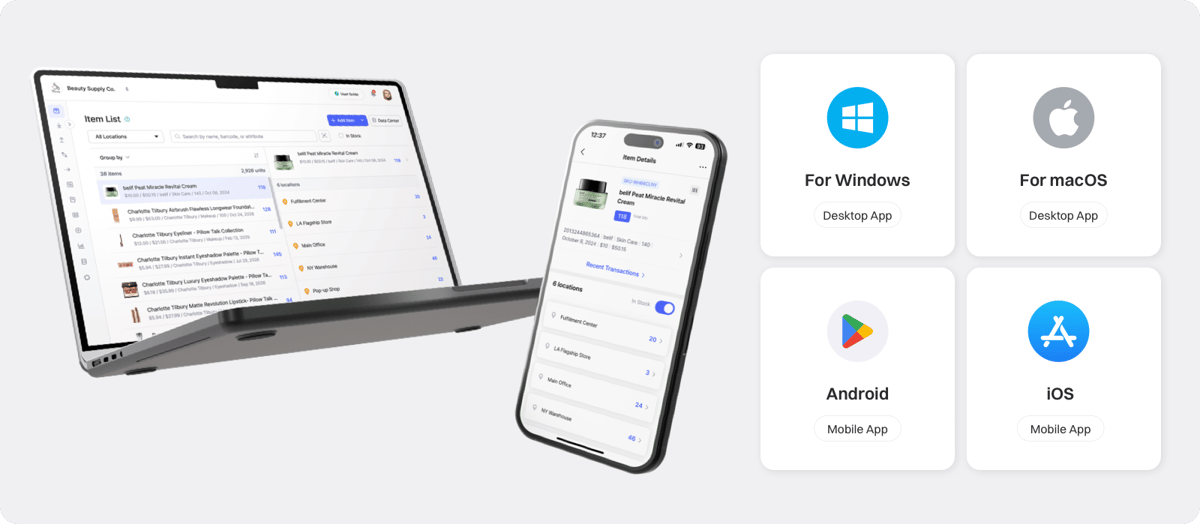BoxHero Desktop App and Mobile App Download Icons with Devices