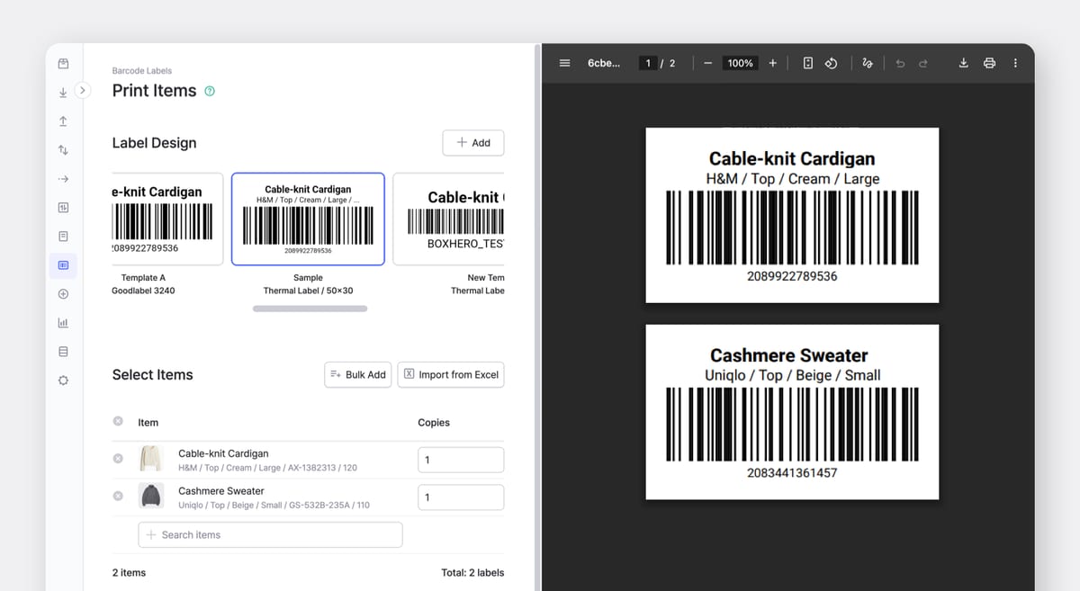 BoxHero Web (Dekstop) UI Screen: Barcode Labels > Print Items