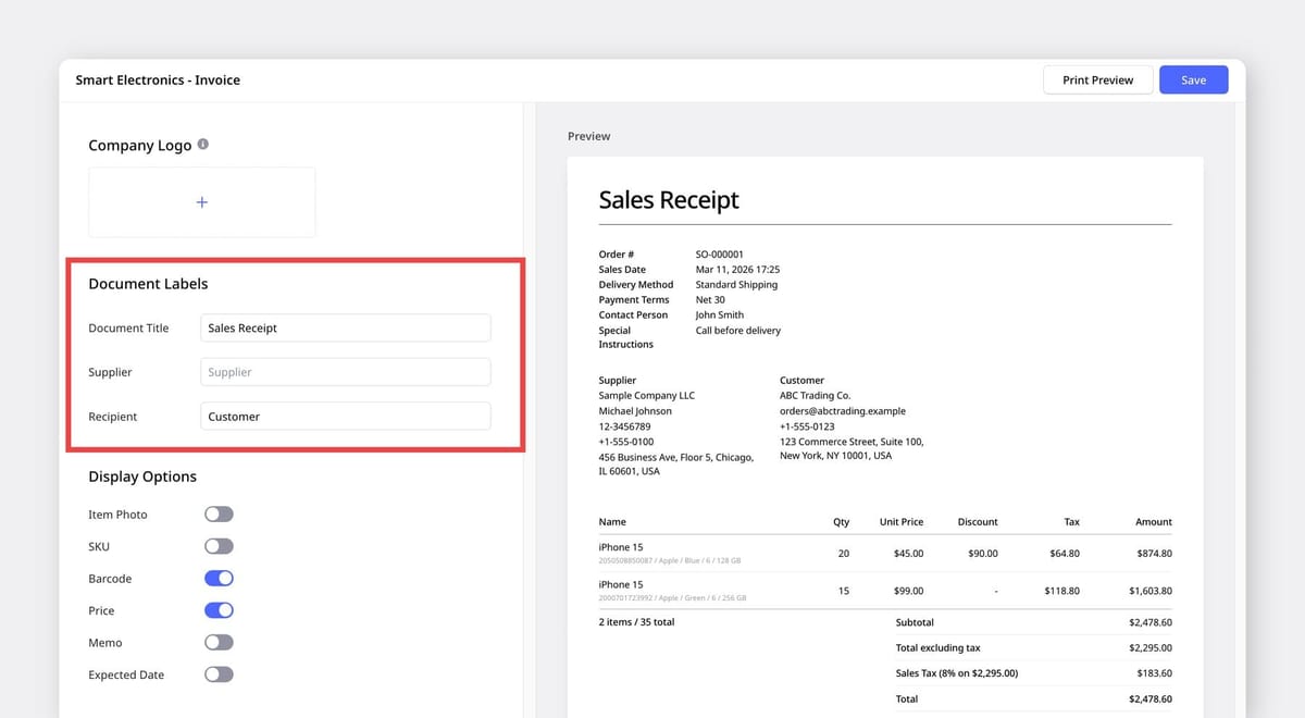 Screenshot of a BoxHero document customization interface highlighting the "Document Labels" section, with a live preview showing the updated labels on a professional invoice template.
