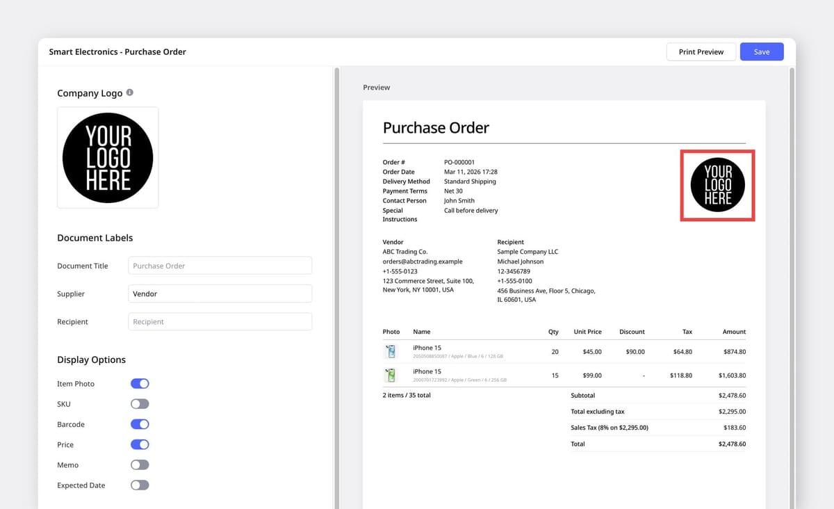 Screenshot of a BoxHero "Purchase Order" document preview for custom print layout with a custom logo placeholder highlighted in red.