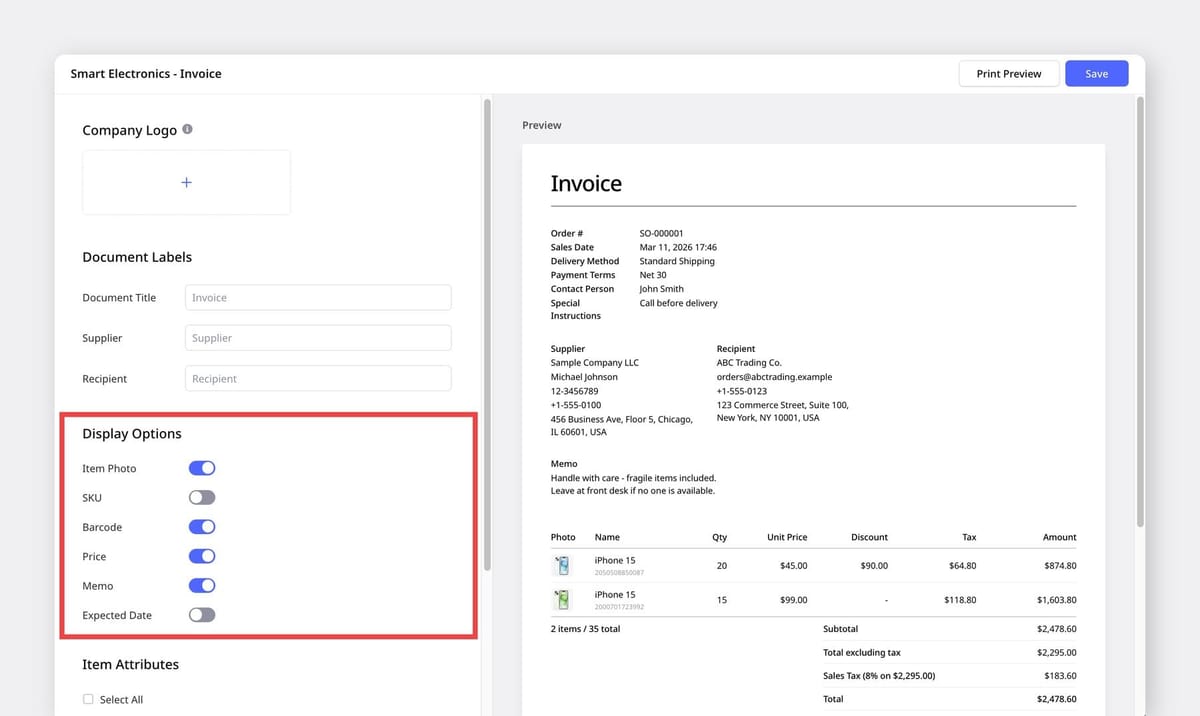Screenshot of BoxHero invoice customization interface with a focused view of the 'Display Options' sidebar toggle options