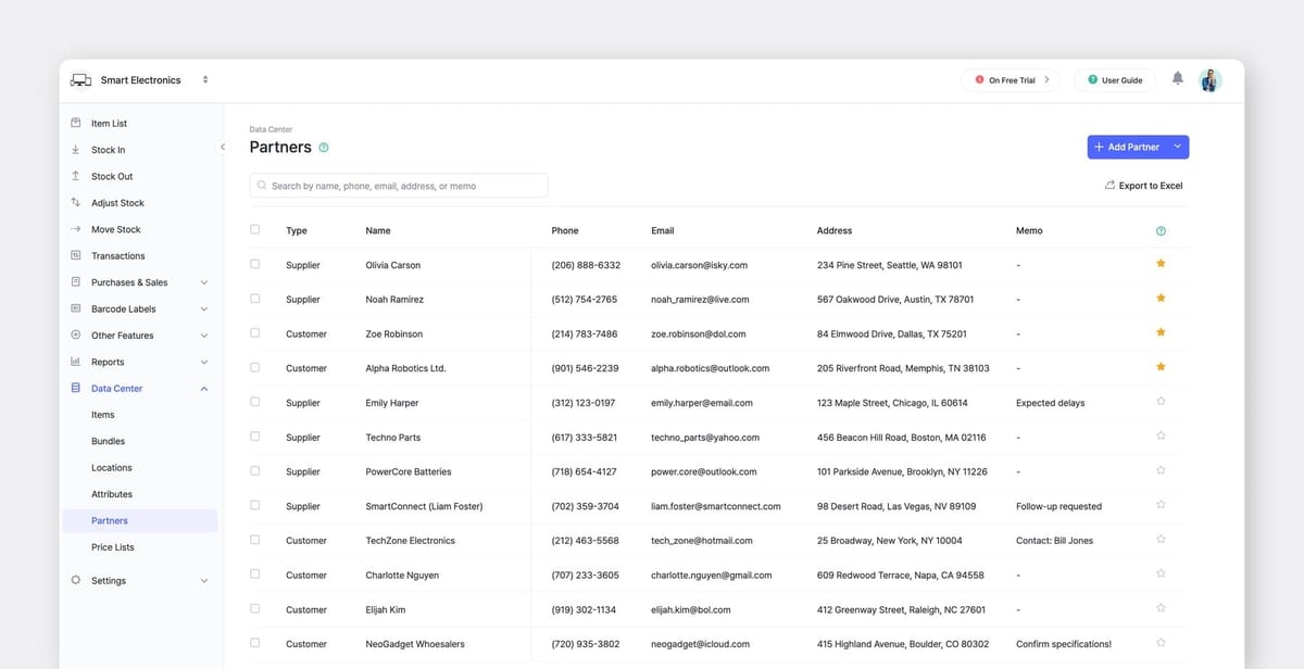 BoxHero Web UI Screenshot: Data Center > Partners