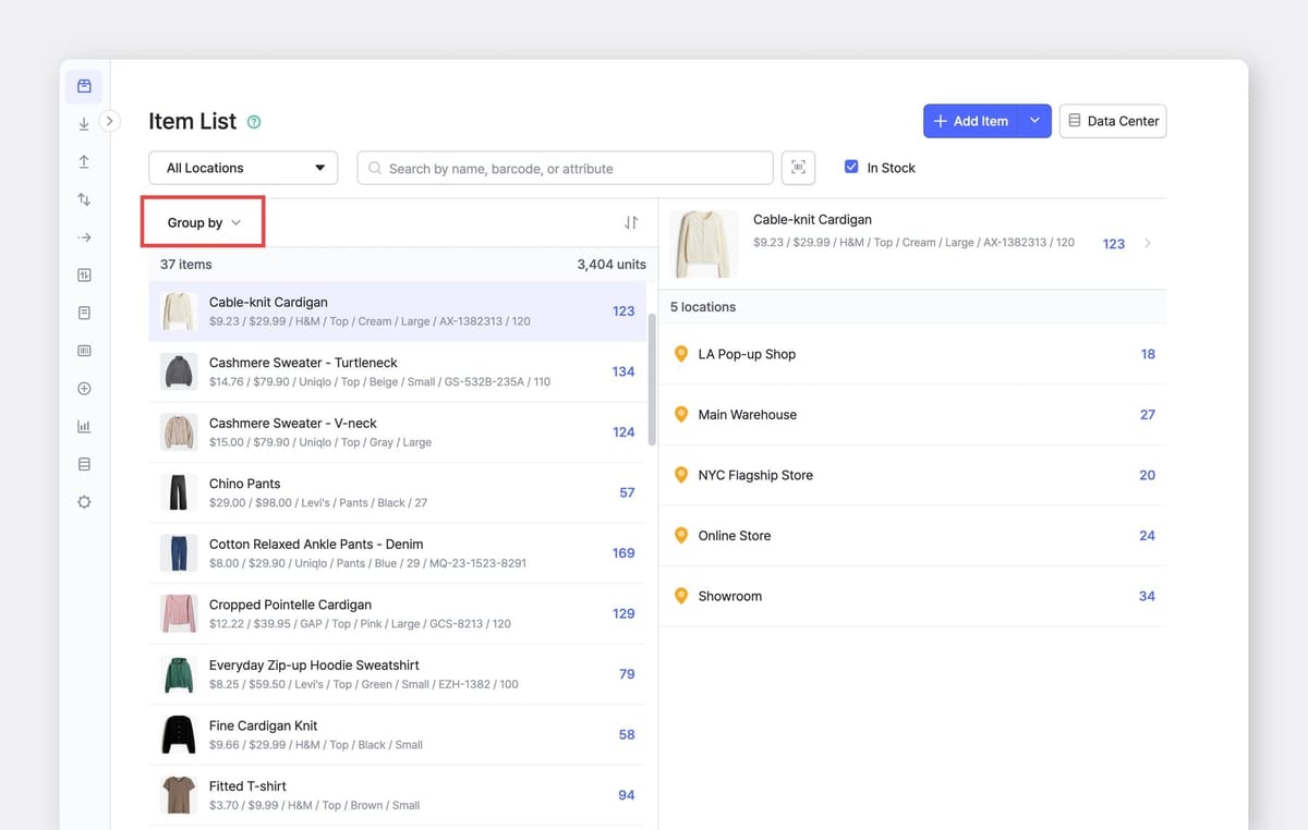 BoxHero item list with group by feature showing stock quantities across multiple locations including warehouse and retail stores