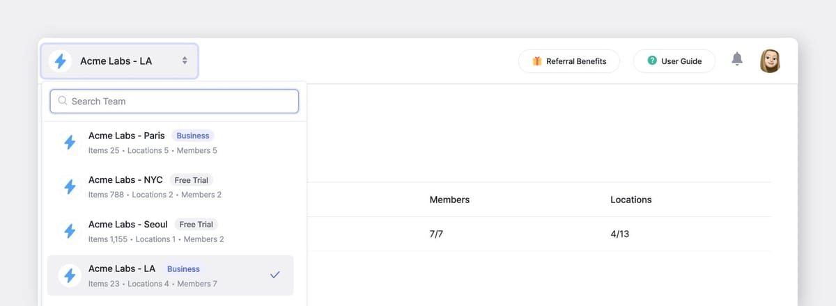 BoxHero Web UI showing team switcher dropdown with multiple workspaces, including item counts, locations, and member details