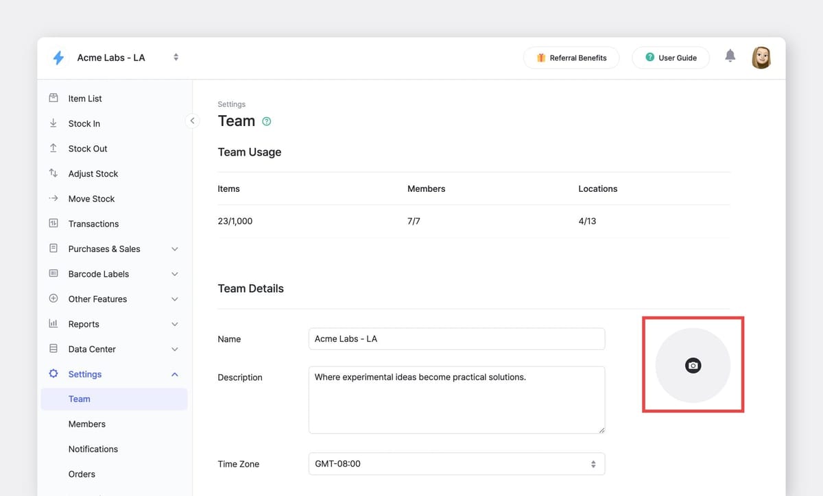 BoxHero Web UI: Settings > Team page displaying item limits, member usage, locations, and option to upload a team profile image