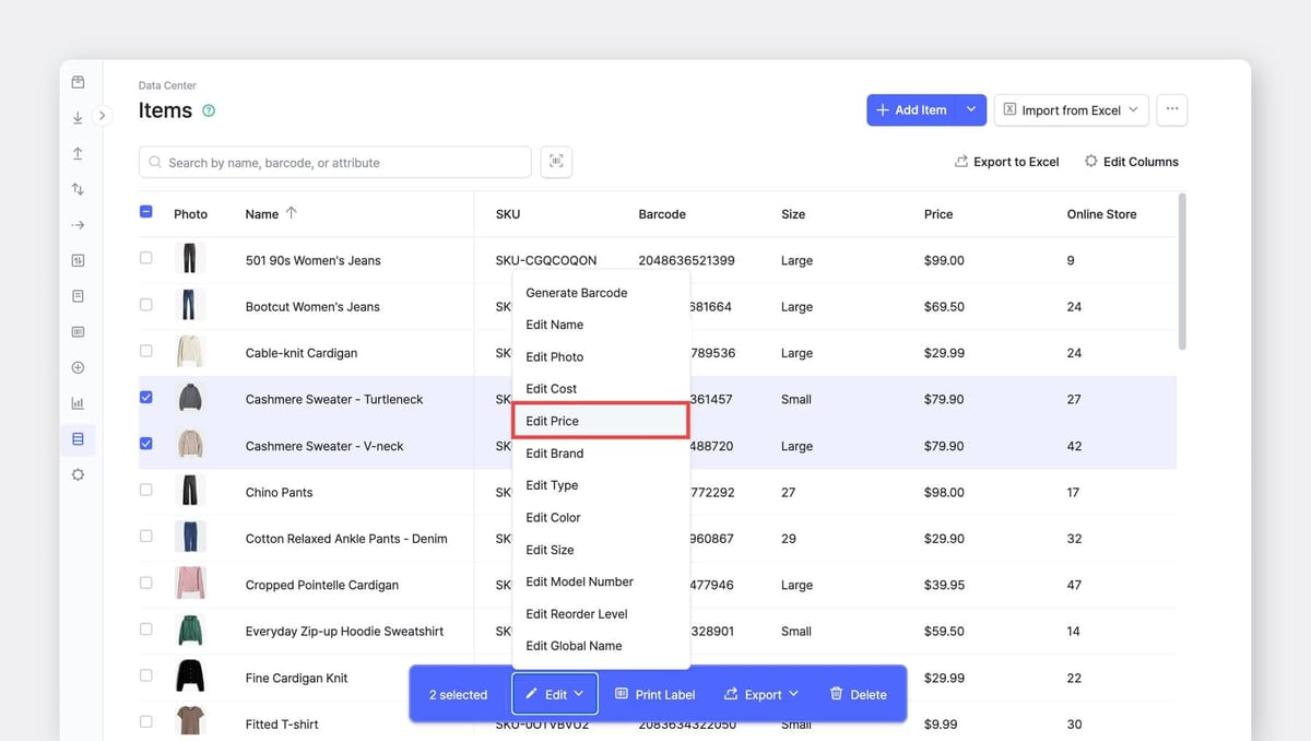 BoxHero Data Center > Items page showing item list with bulk edit menu, including option to update item prices and details