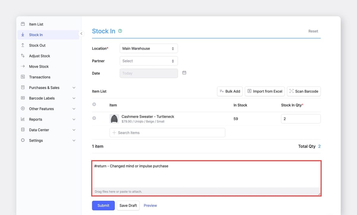 Stock in form in BoxHero with item entry, quantity input, and return reason note using tags for tracking