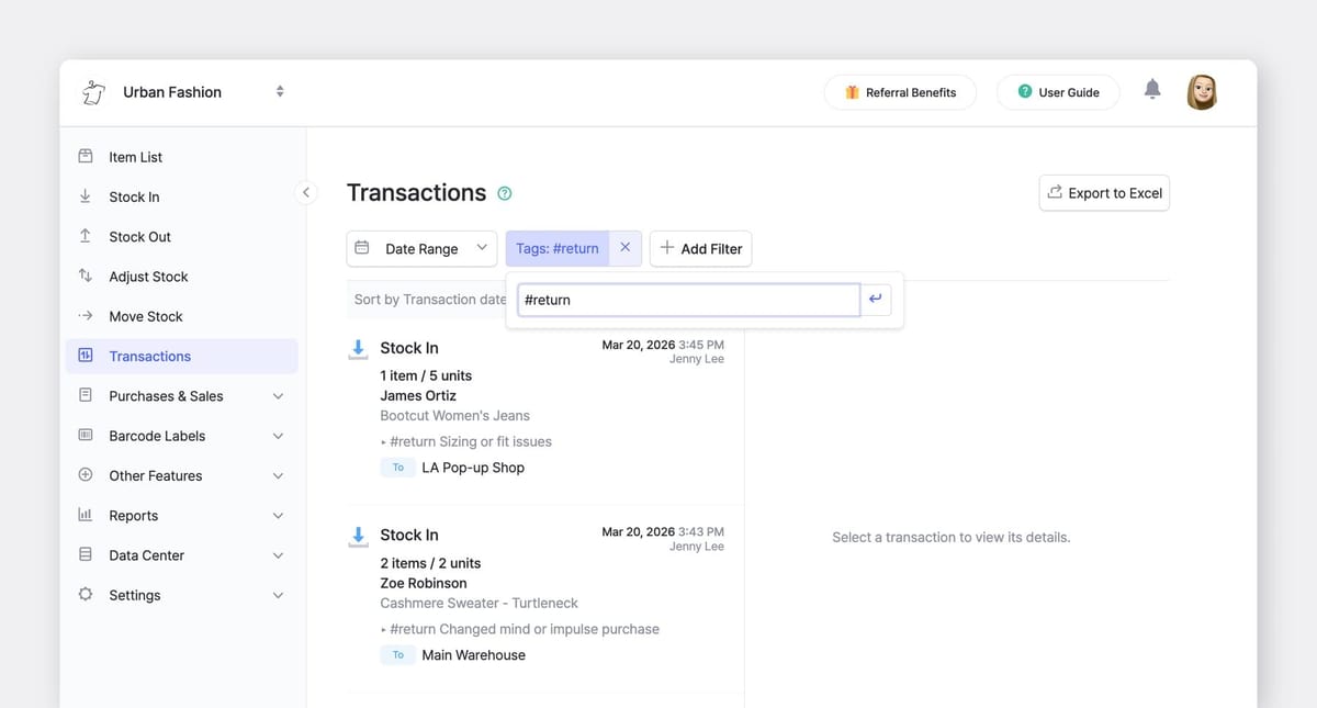 BoxHero inventory transactions page filtered by return tag showing stock movements, item details, timestamps, and locations