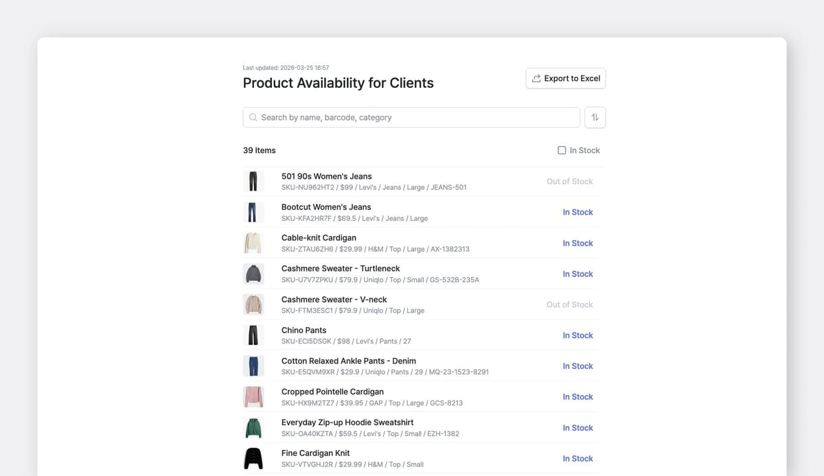 BoxHero Sample Public Inventory Link for Product Availability Showing "In Stock" or "Out of Stock" for Items