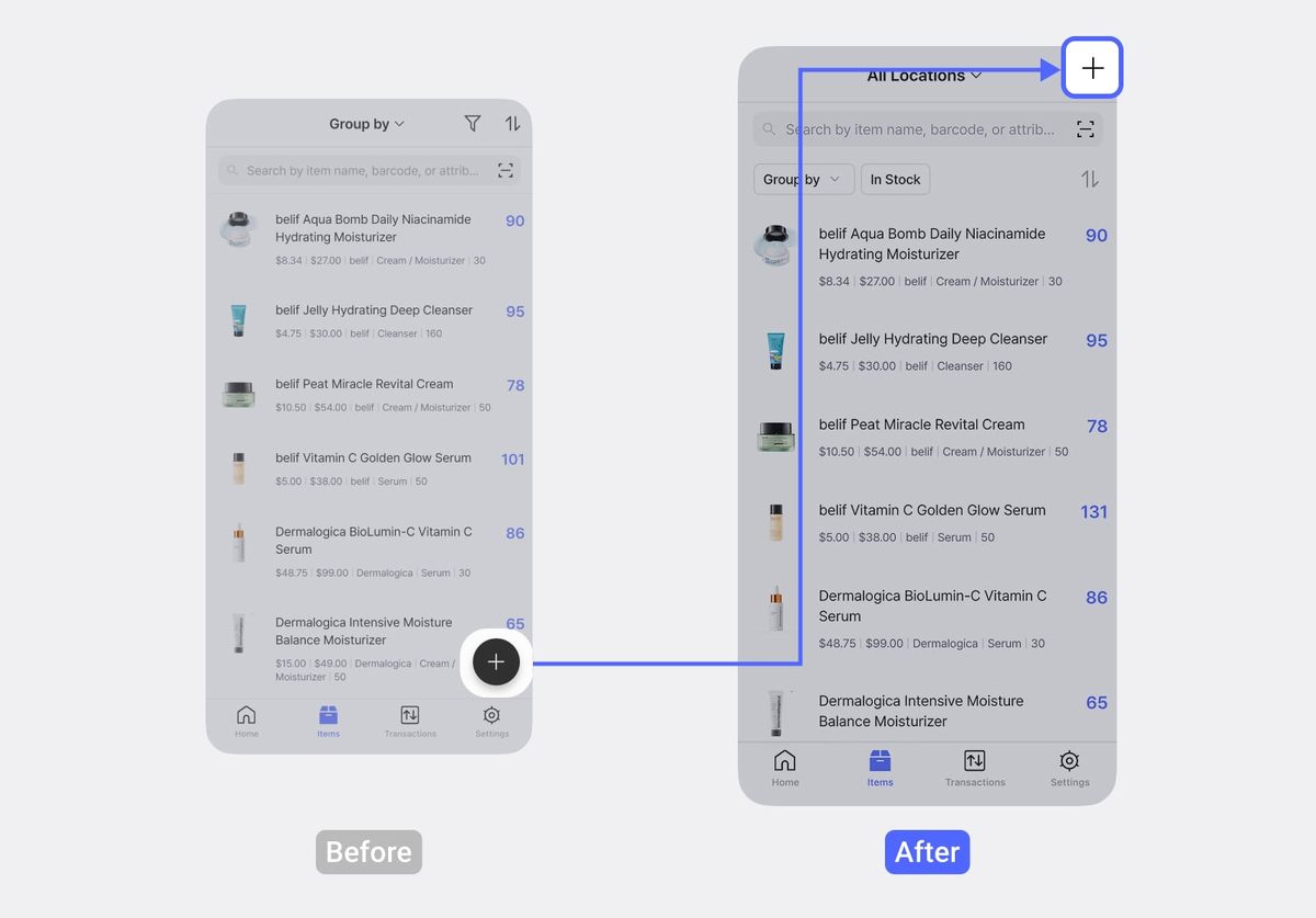 BoxHero Item List: Floating '+' button moved to top-right corner — Before/After comparison