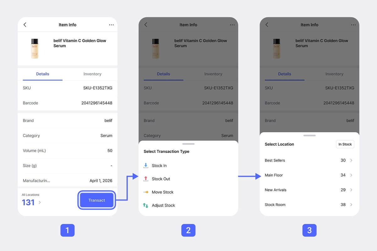 BoxHero 3-step Stock Transaction: 'Transact' button → Action Sheet → Location Selection
