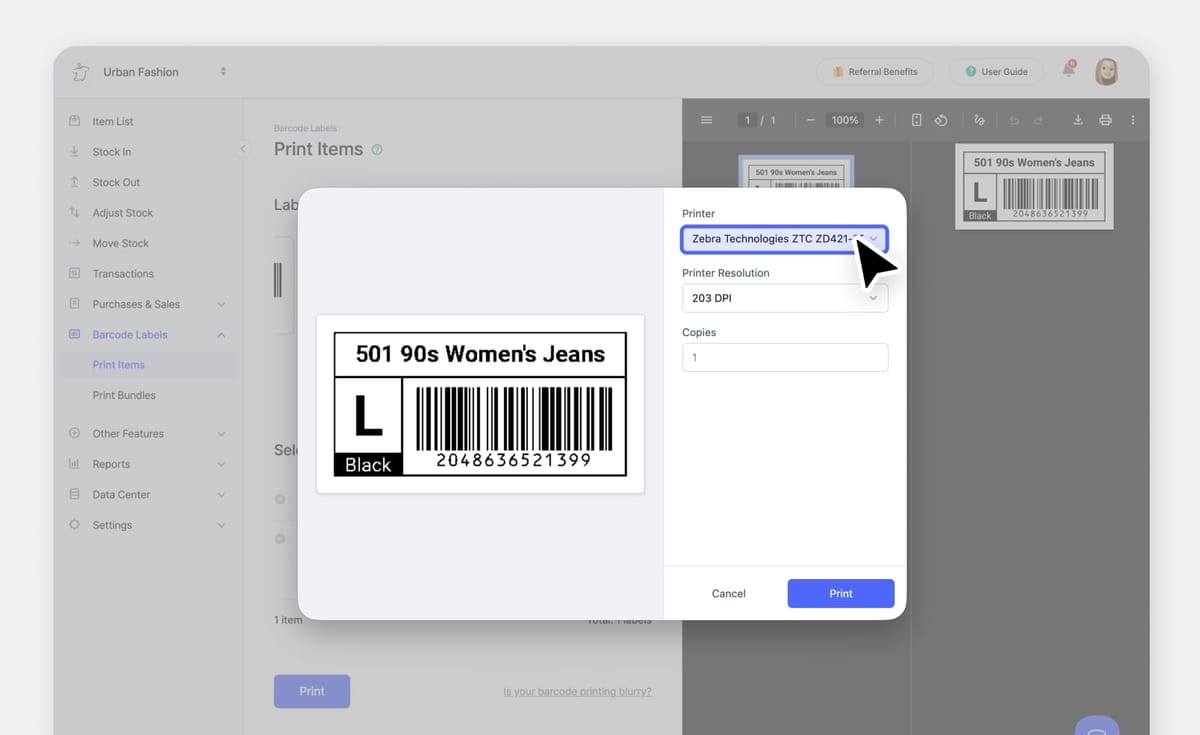 Selecting Zebra ZD421 label printer in BoxHero barcode label printing interface