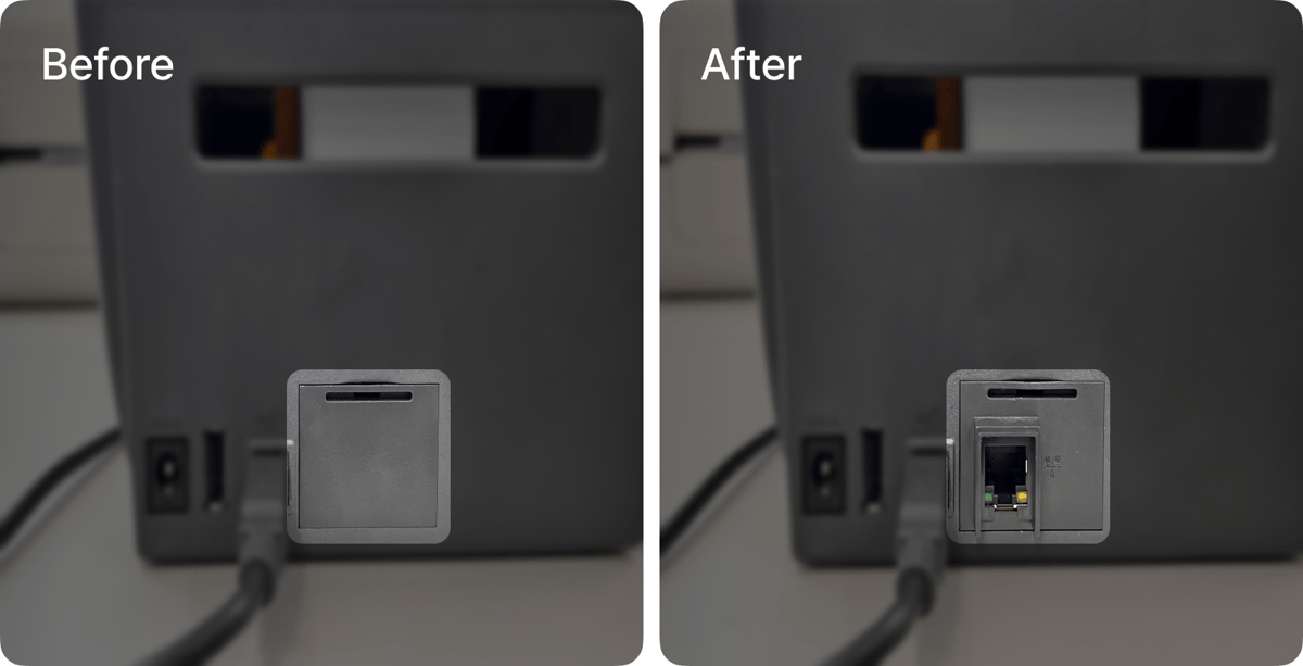 Before and after view of Ethernet port cover removed on desktop label printer for network connection