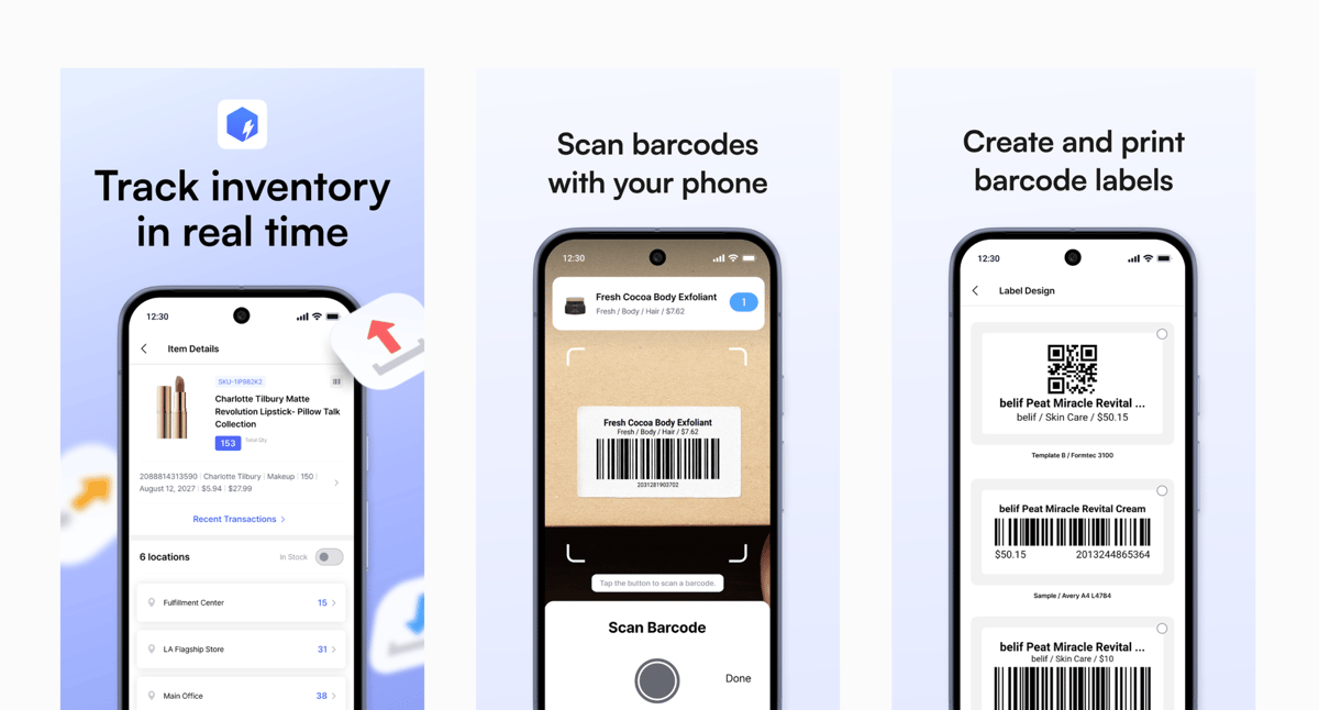 Three BoxHero app screens: tracking inventory in real time, scanning a barcode with a phone, and creating and printing barcode labels.