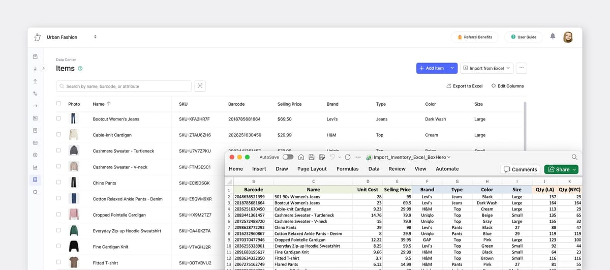 A screenshot of sample retail team in BoxHero inventory management software with item details and imported Excel file