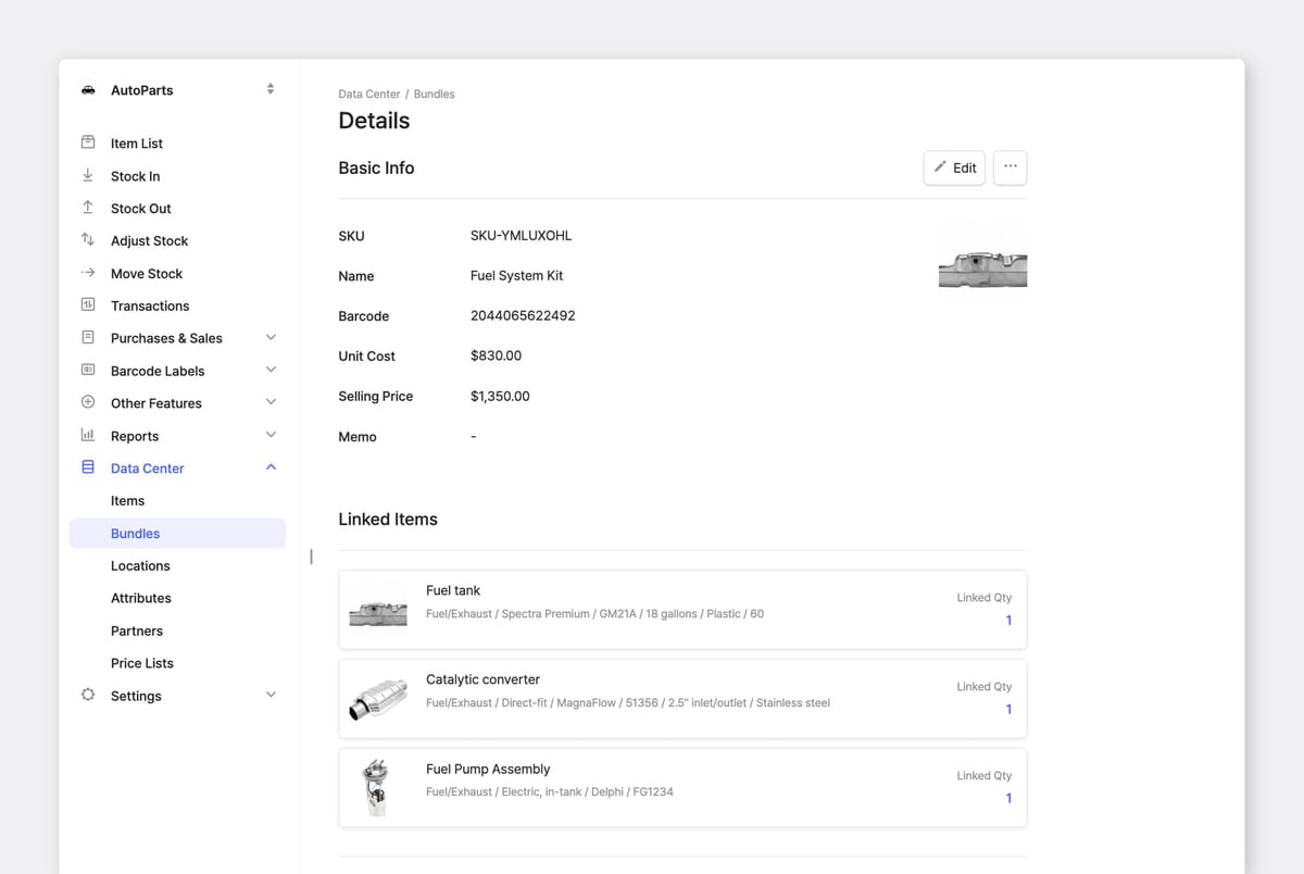 BoxHero Bundles screen showing a Fuel System Kit with its own SKU, barcode, and three linked component items