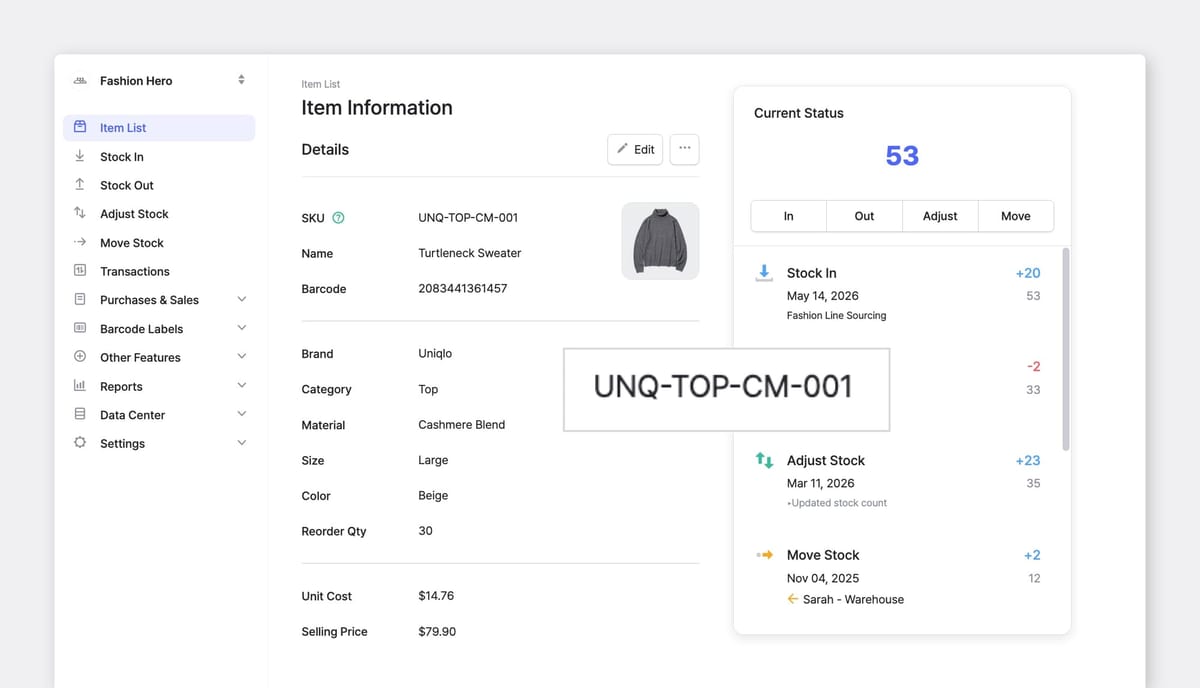 BoxHero item page for a Turtleneck Sweater showing the readable SKU "UNQ-TOP-CM-001" broken into brand, category, and material.