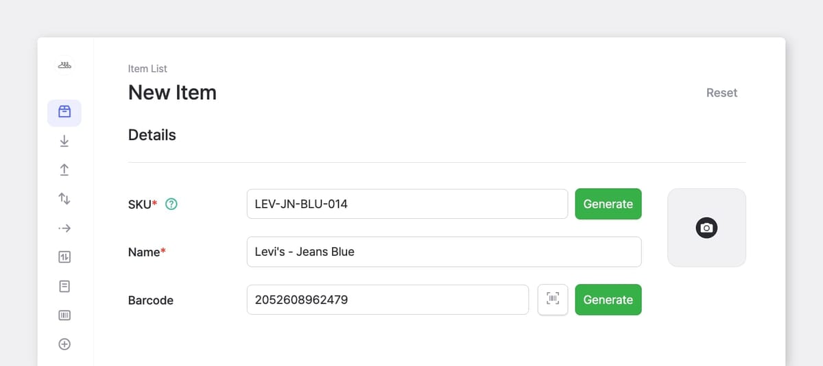 BoxHero "New Item" screen with a SKU field ("LEV-JN-BLU-014") and barcode field, each with a "Generate" button for auto-creating codes.