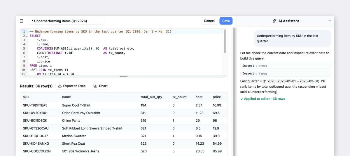 BoxHero's AI Assistant builds a SQL query with a results table ranking items by SKU.