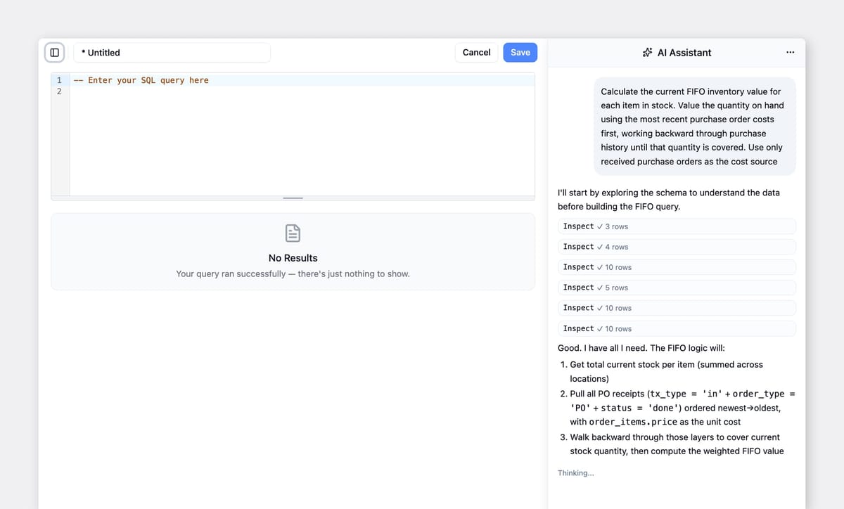 BoxHero Custom Analytics AI Assistant generating a FIFO valuation query from a plain-language prompt, inspecting the data schema before writing the SQL.