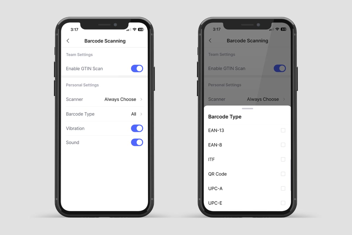 BoxHero barcode scanning settings on mobile with the Barcode Type list open, showing EAN-13, EAN-8, ITF, QR Code, UPC-A, and UPC-E options.