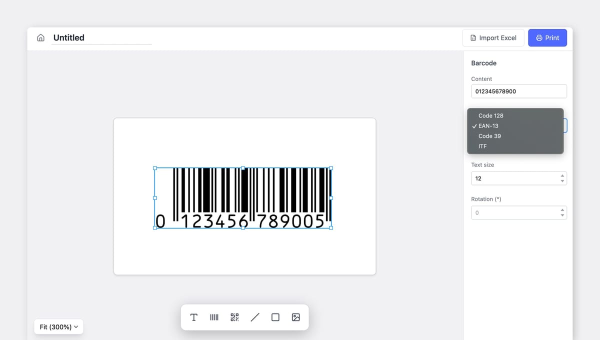 BoxHero label designer with the barcode type menu open and EAN-13 selected, generating a barcode.