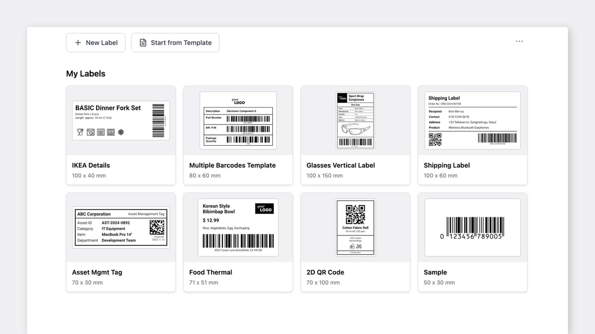 BoxHero label template gallery showing eight saved designs, including retail, shipping, care, and asset tags, each labeled with its print dimensions.