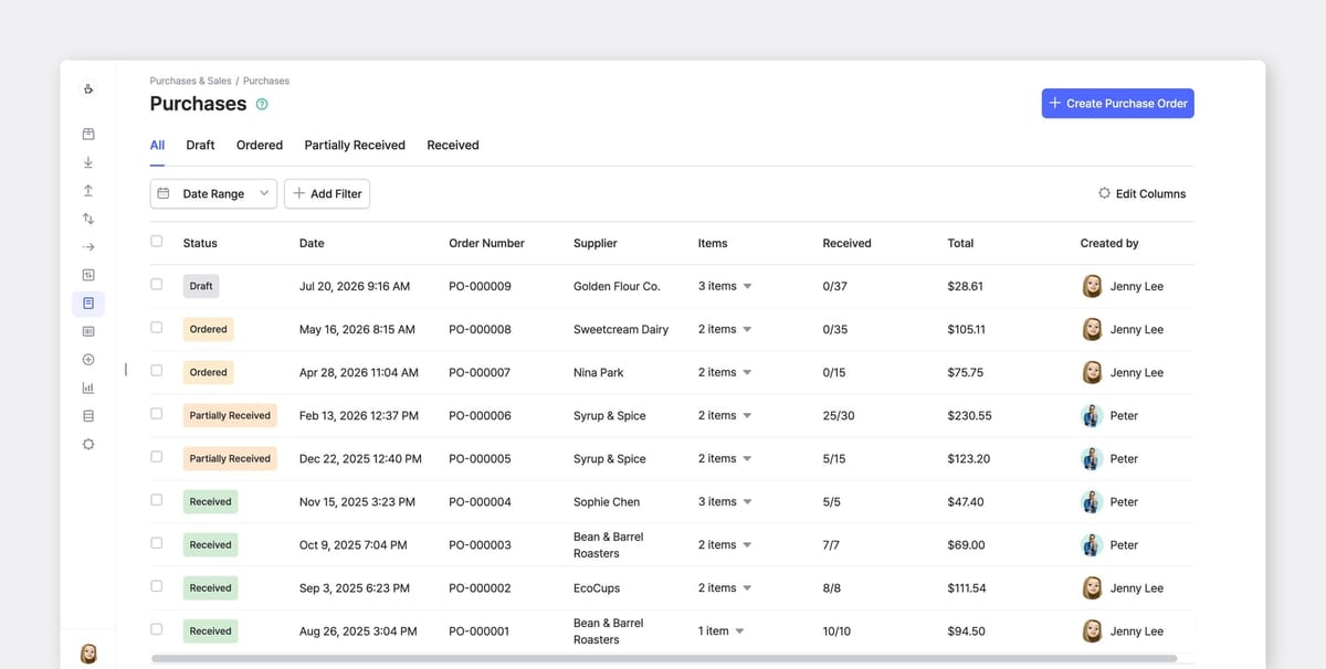 BoxHero purchase order list showing Draft, Ordered, Partially Received, and Received status labels for tracking inbound inventory
