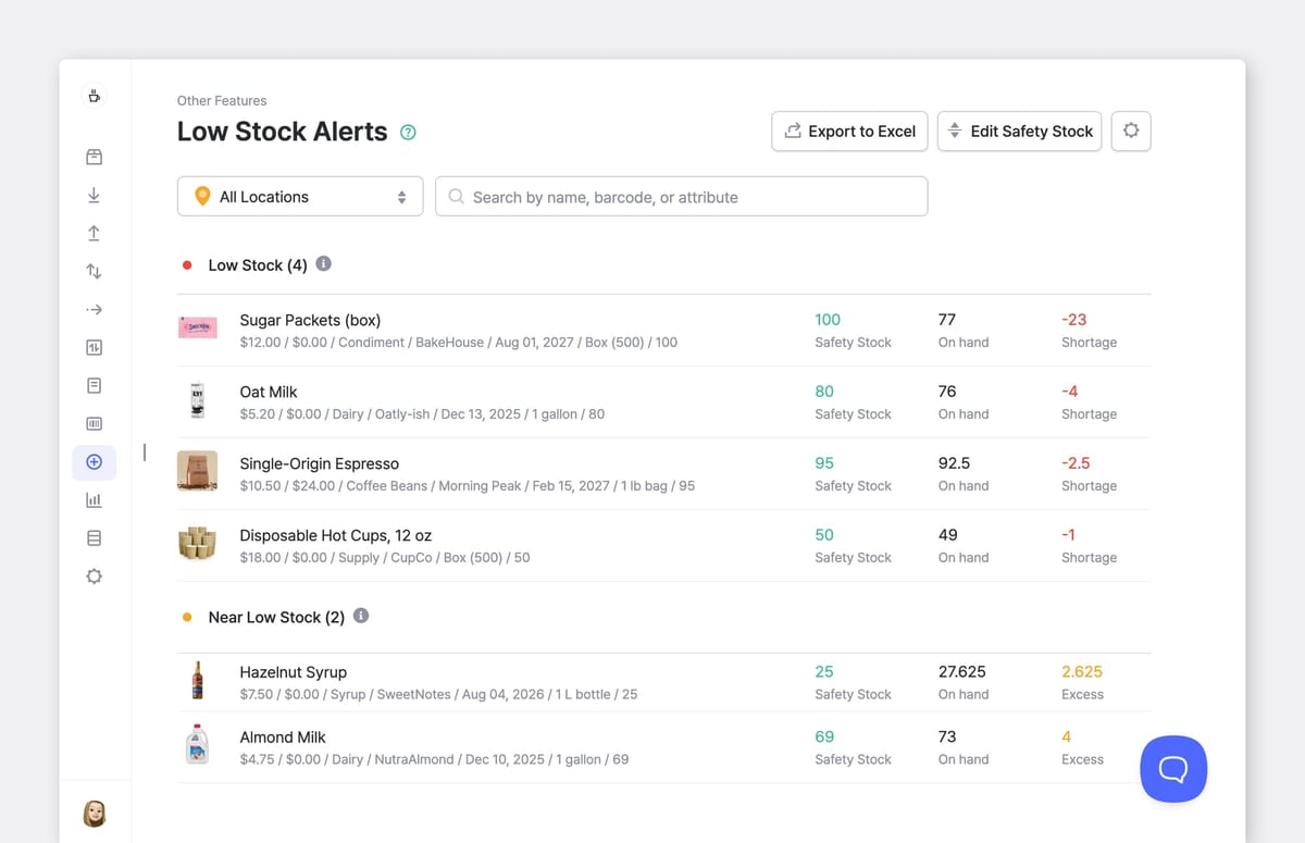 BoxHero low stock alerts screen comparing safety stock to on-hand quantity and flagging shortages for reordering