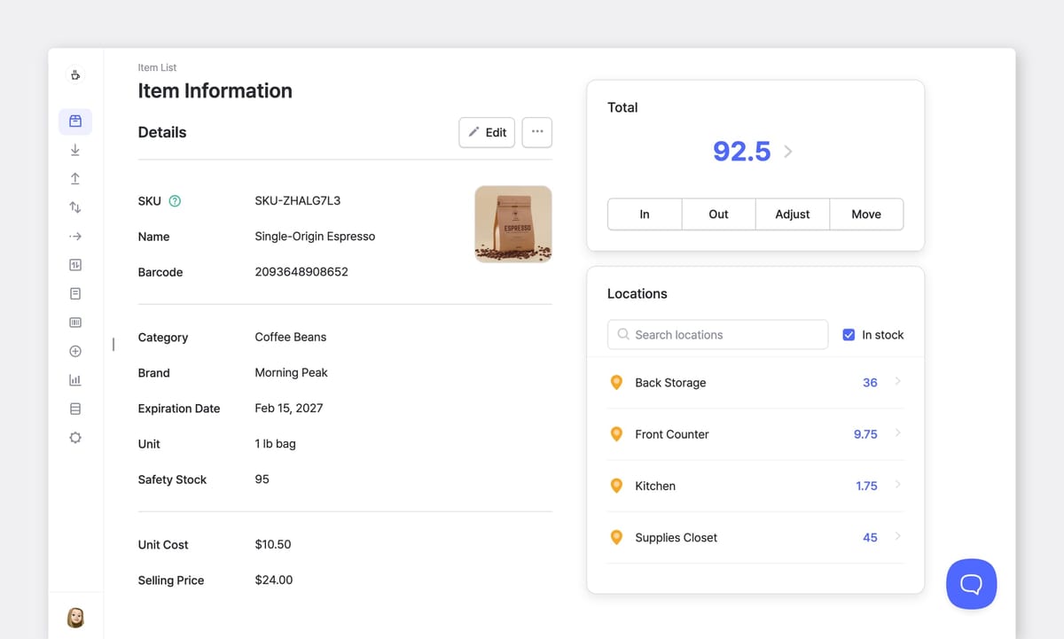 BoxHero item detail page showing SKU, barcode, safety stock, and on-hand quantity split across four storage locations
